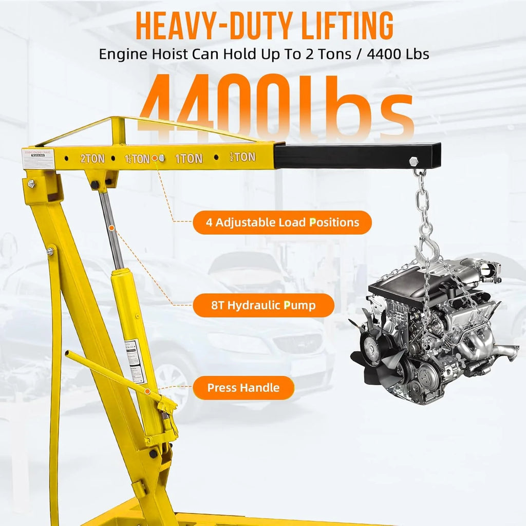 Joankaren 2 Ton Folding Hydraulic Engine Hoist, Heavy - Duty Engine Shop Crane Hoist Lift, Heavy Cherry Picker with 6 Wheels, Yellow