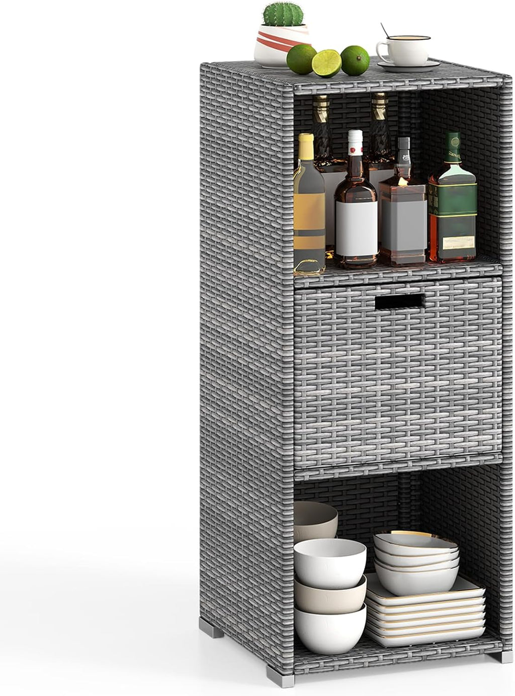 Tangkula Rattan Patiojoy Outdoor Wicker Cabinet with 3 Shelves