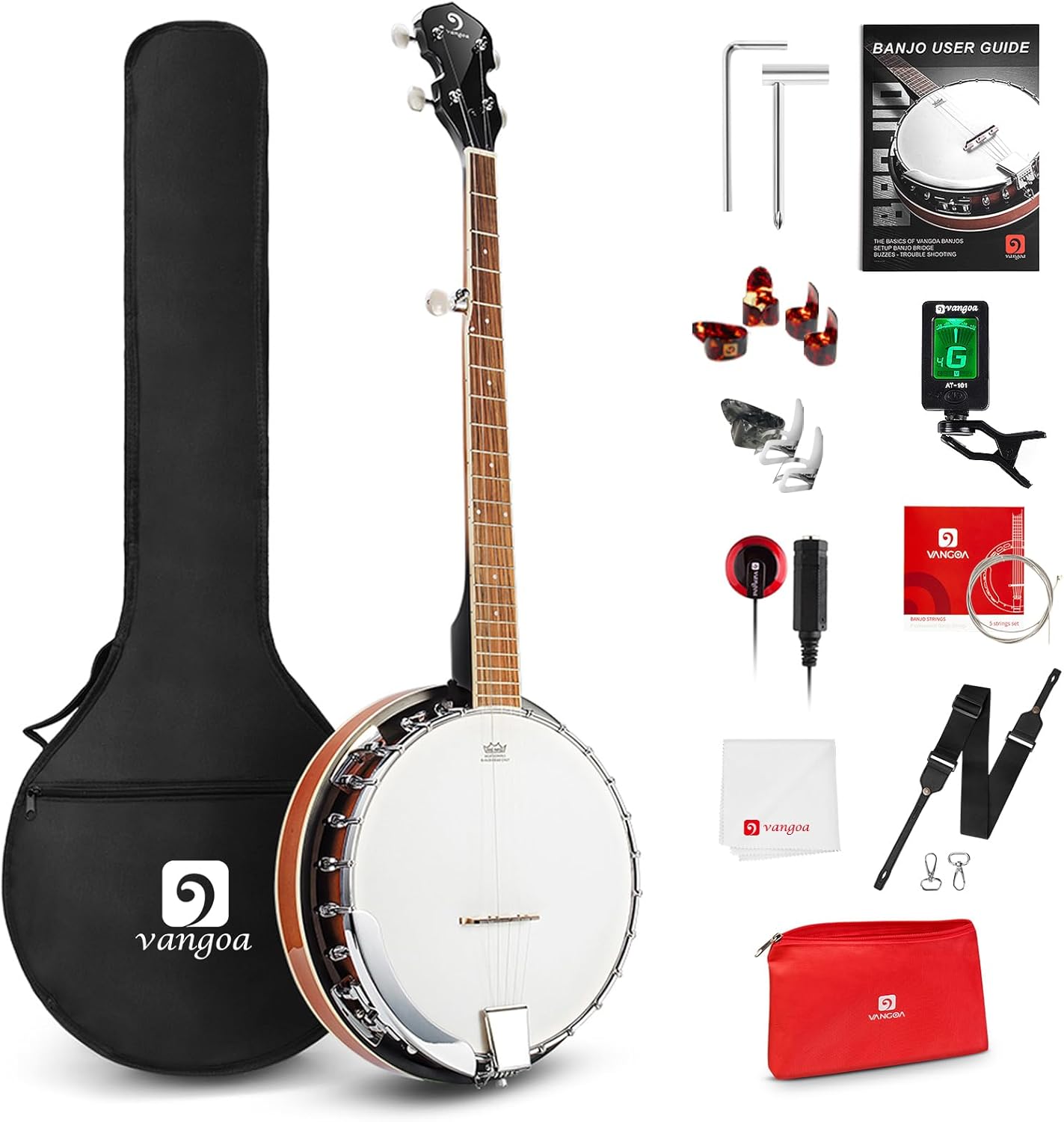 Banjo 5 String Full Size Banjos Set with Resonator. Remo Head. Beginner Banjo Kit with Closed Back. Premium Accessories for Adults. Teenager