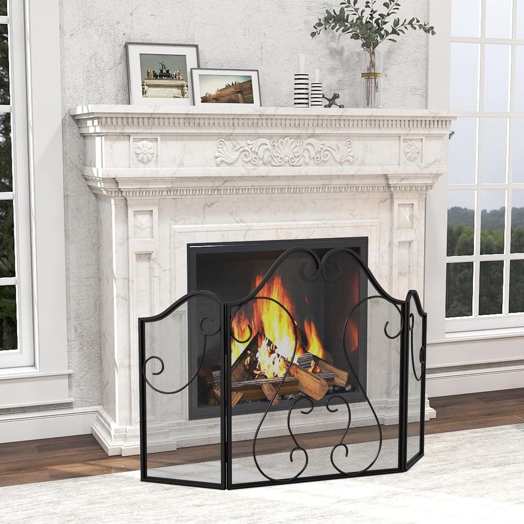 Tangkula 3 Panel Fireplace Screen with Decorative Scroll