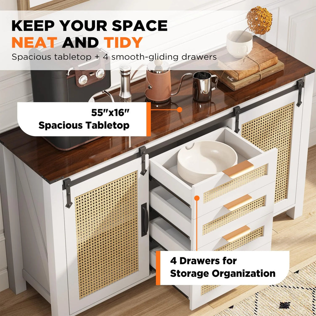 AECOJOY Farmhouse Sideboard Buffet Cabinet with Storage, Rattan Kitchen Cabinet w/Sliding Barn Doors & 4 Drawers