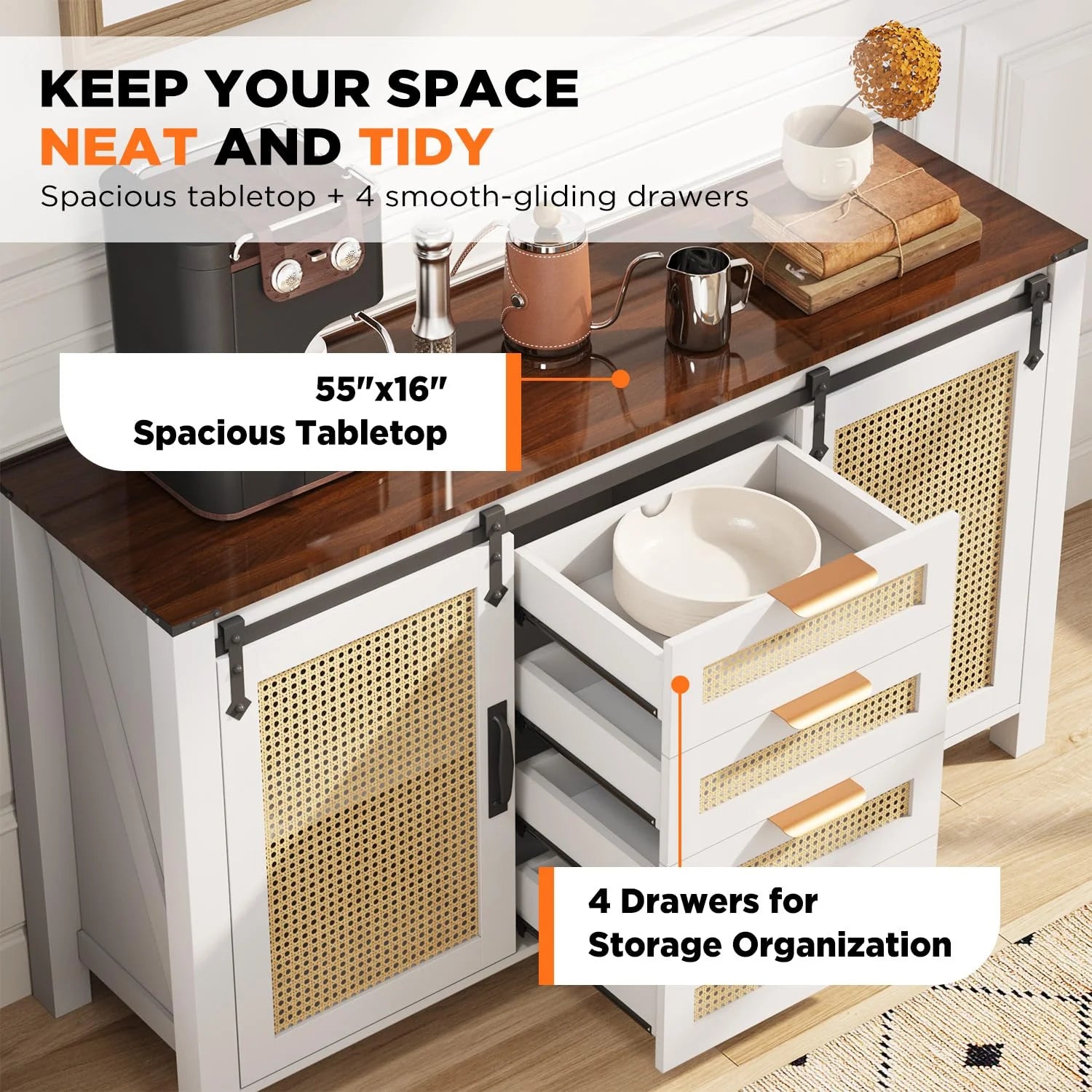 AECOJOY Farmhouse Sideboard Buffet Cabinet with Storage, Rattan Kitchen Cabinet w/Sliding Barn Doors & 4 Drawers