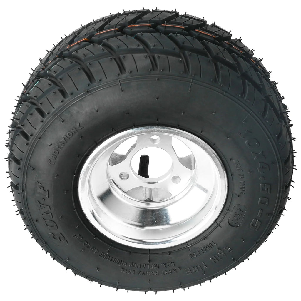 Set 4 Go Kart Tires and Rims, 10x4.50 - 5 Front Tubeless Tires Rims, 11x7.10 - 5 Rear Tires Rims, Go Cart Wheels and Tires Fit Bolt Pattern 58 Mm with 3 Holes Drift Trike, Buggy Lawn Mower