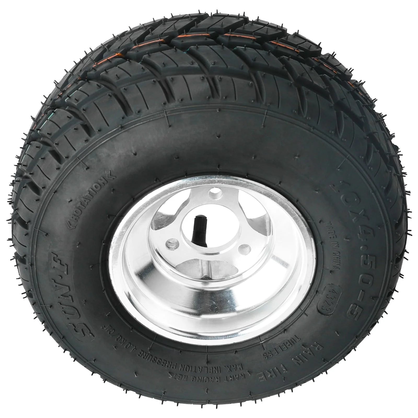 Set 4 Go Kart Tires and Rims, 10x4.50 - 5 Front Tubeless Tires Rims, 11x7.10 - 5 Rear Tires Rims, Go Cart Wheels and Tires Fit Bolt Pattern 58 Mm with 3 Holes Drift Trike, Buggy Lawn Mower