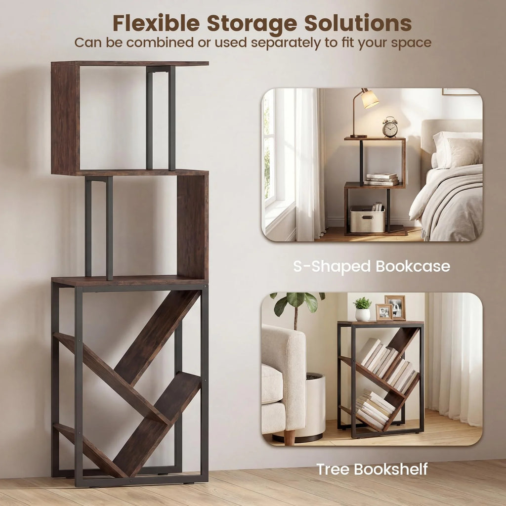 Tangkula 6-Tier Bookshelf Floor Standing S-Shaped Geometric Bookcase(1/2)
