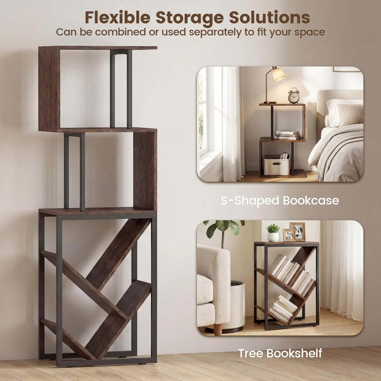 Tangkula 6-Tier Bookshelf Floor Standing S-Shaped Geometric Bookcase(1/2)