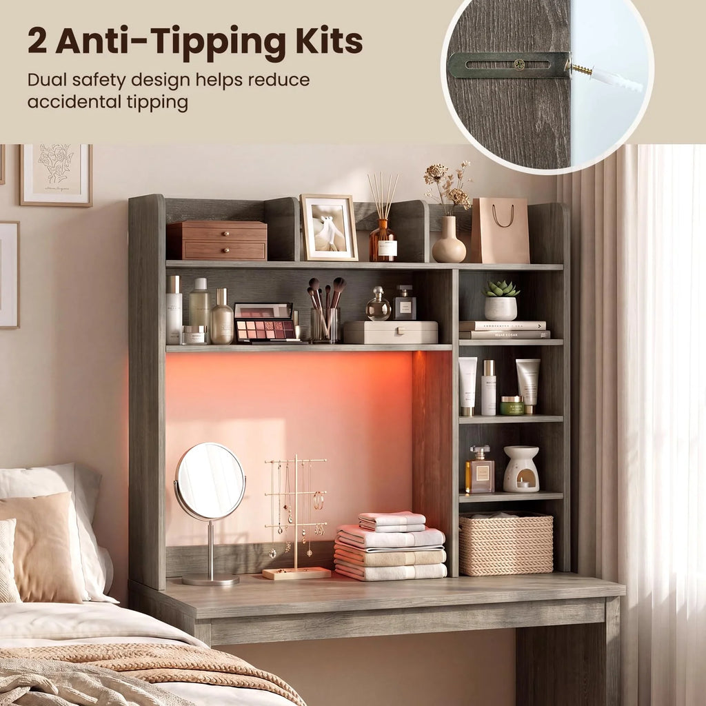 Tangkula Desktop Bookshelf with LED Lights | Desk Hutch with 8 Shelves for Max 25" Monitor