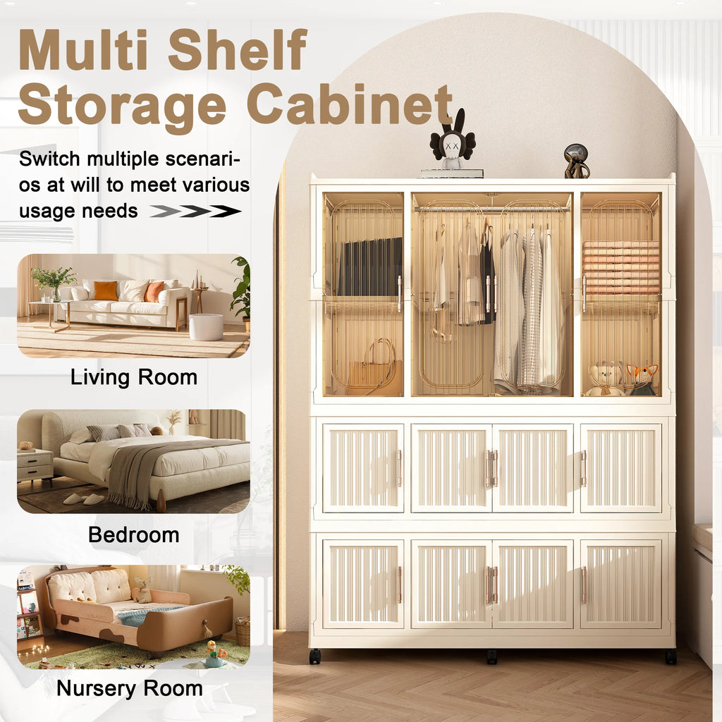 Montary Kids Portable Wardrobe W/ Magnetic Doors & Hanging Rod - 4 - Cube Plastic Storage Cabinet, Nursery/Bedroom