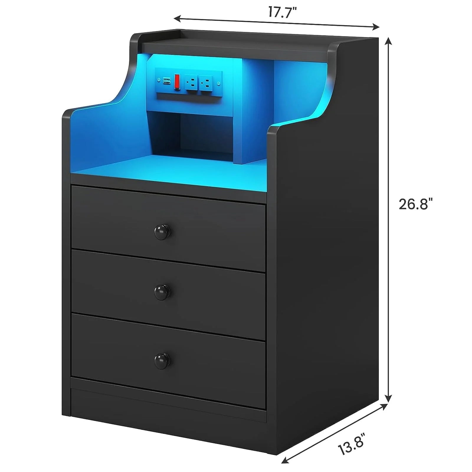 Nightstand with 3 Drawers and Shelves, Night Stand with LED Lights and USB Port Charging Station, LED Bedside Table with Hutch, Black