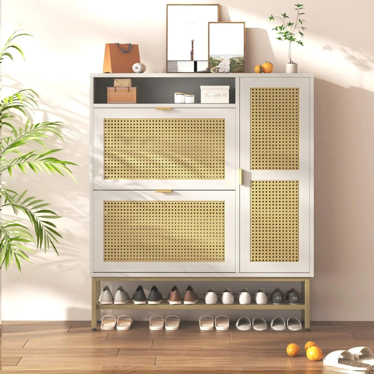 AECOJOY Rattan Shoe Cabinet with 3 Flip Drawers, Free Standing Shoe Storage Organizer with Adjustable Shelves, Fits 13 Shoes