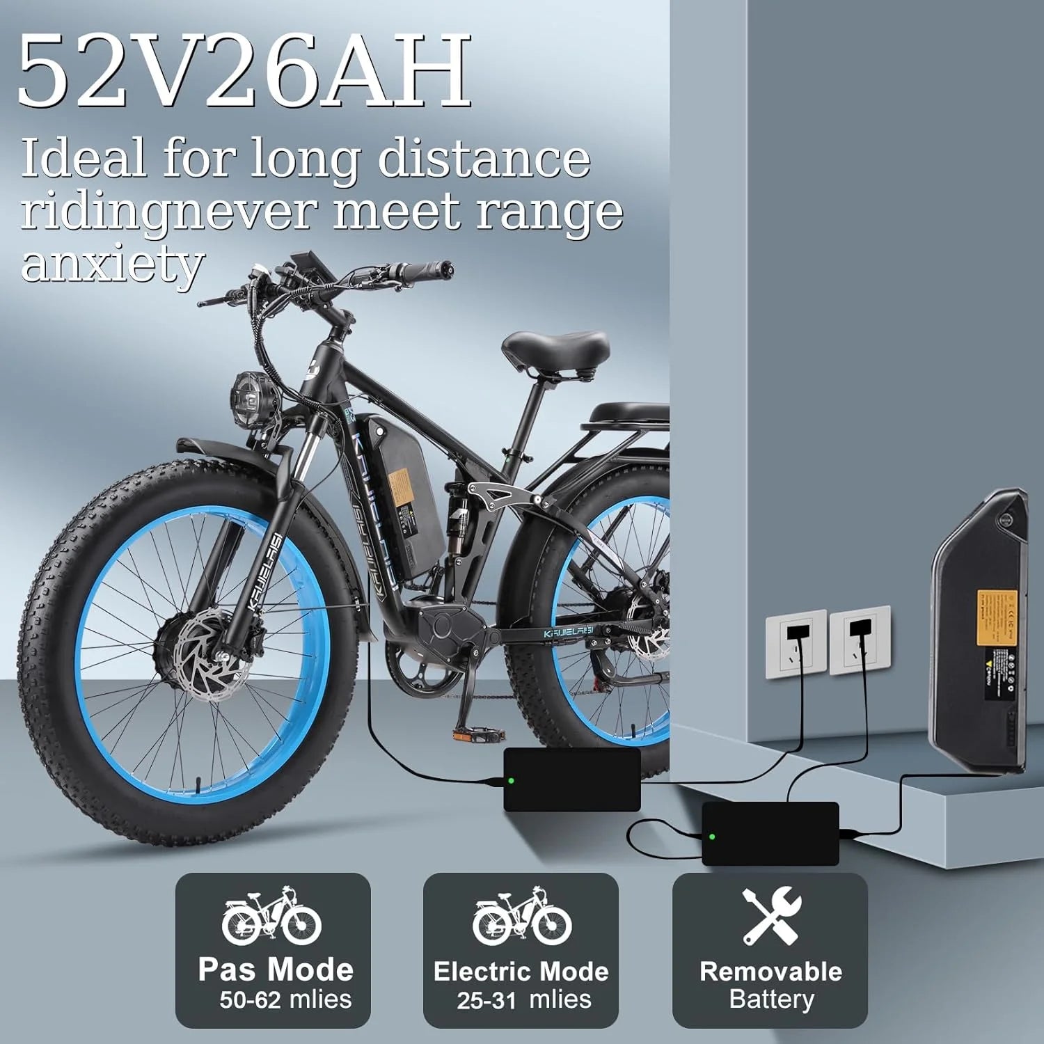 KAIJIELAISI Electric Bike for Adults, AWD Ebikes Dual Motor Peak 6000W, 26'' Fat Tire Bikes with 52V 26AH Battery Hydraulic Brake ​​electric Bicycle, 7 Speed Mountain Ebike UL 2849