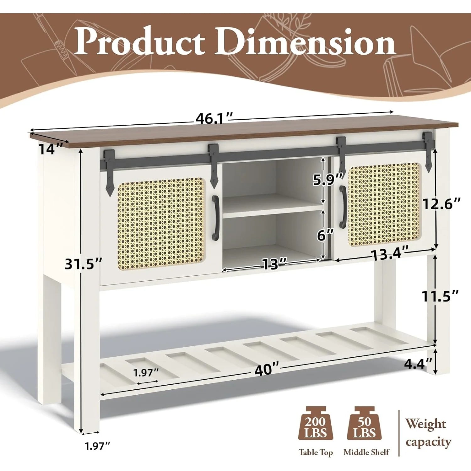 AECOJOY Buffet Cabinet, Coffee Bar Storage Cabinet, 46'' Coffee Bar Table with Rattan Sliding Barn Door, Adjustable Shelves and Bottom Open Shelf