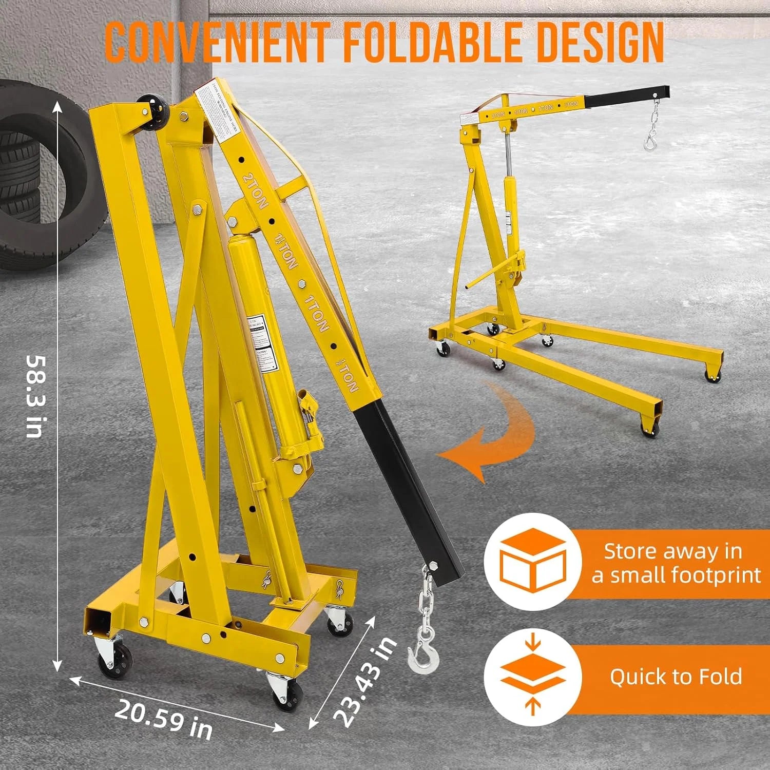 Joankaren 2 Ton Folding Hydraulic Engine Hoist, Heavy - Duty Engine Shop Crane Hoist Lift, Heavy Cherry Picker with 6 Wheels, Yellow