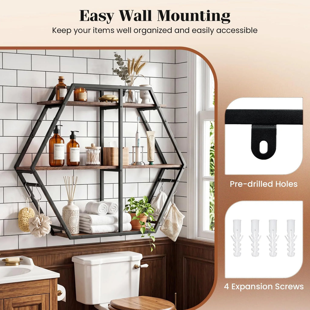 Tangkula Hexagon Wall Shelf with 4 S-Shaped Hooks & Heavy Duty Metal Frame