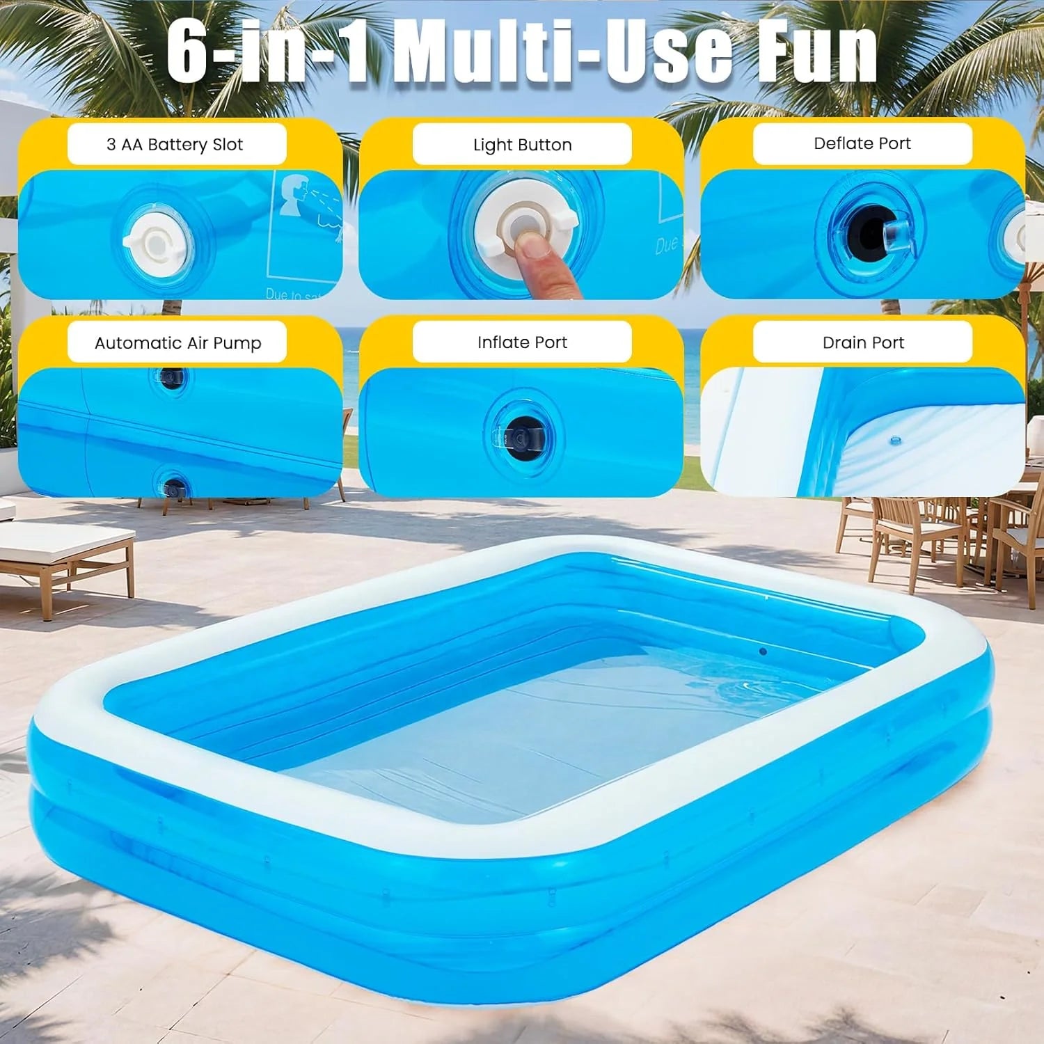 AECOJOY 119"x84"x17" Inflatable Pool with LED Lights, 3 Light Modes, 2-Ring Blow Up Pool for Adults & Kids(Includes Electric Air Pump)