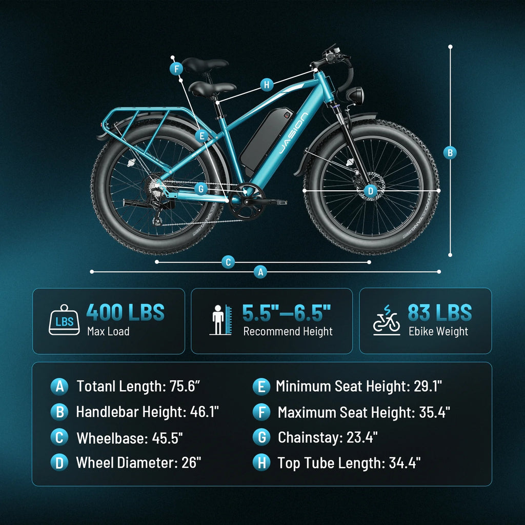 Jasion EB5 MAX Electric Bike for Adults, 750W Electric Mountain Bike with 48V 15ah Battery, 26'' Fat Tire Off - Road Ebike, 28MPH Shimano 7 Speed Bicycle UL2849