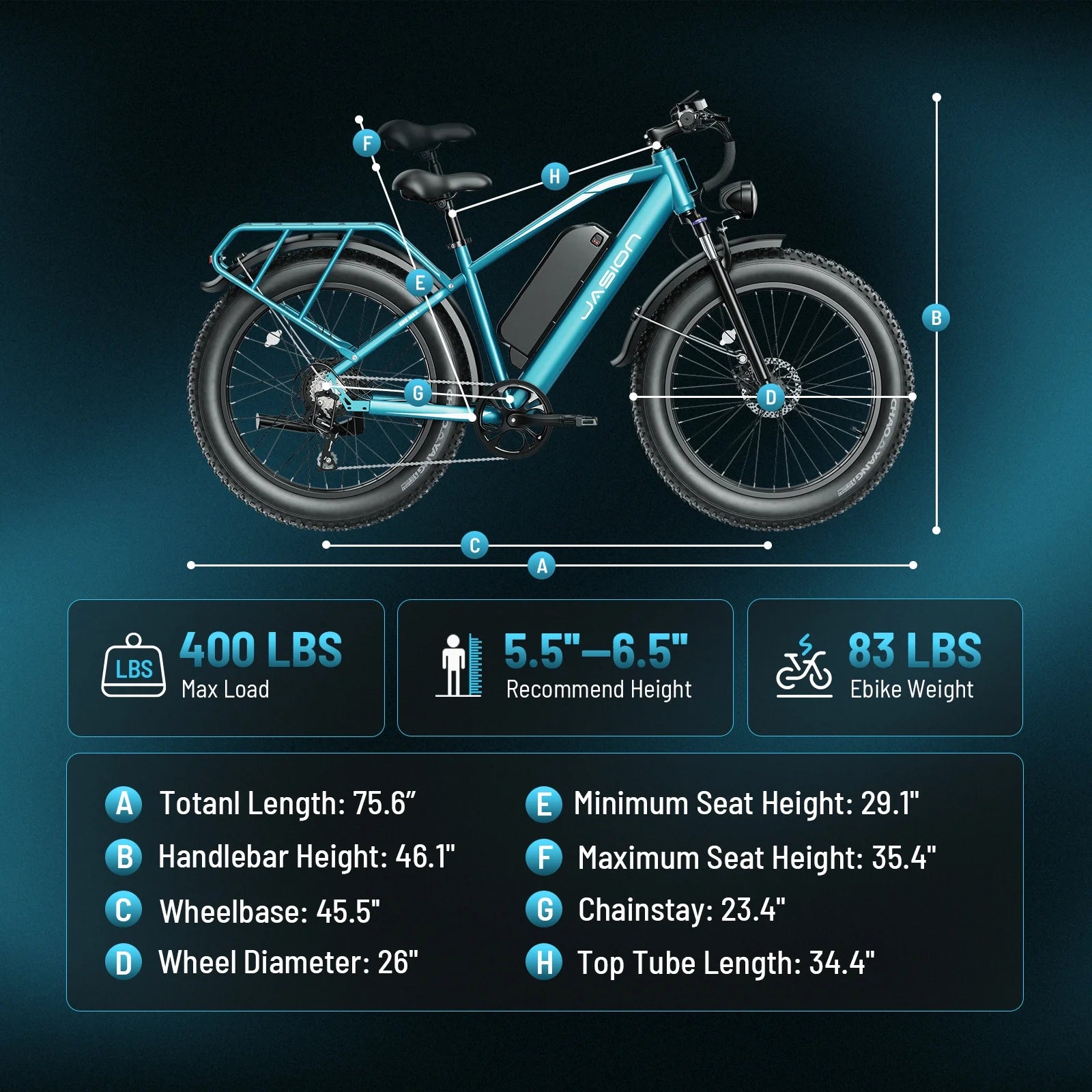 Jasion EB5 MAX Electric Bike for Adults, 750W Electric Mountain Bike with 48V 15ah Battery, 26'' Fat Tire Off - Road Ebike, 28MPH Shimano 7 Speed Bicycle UL2849