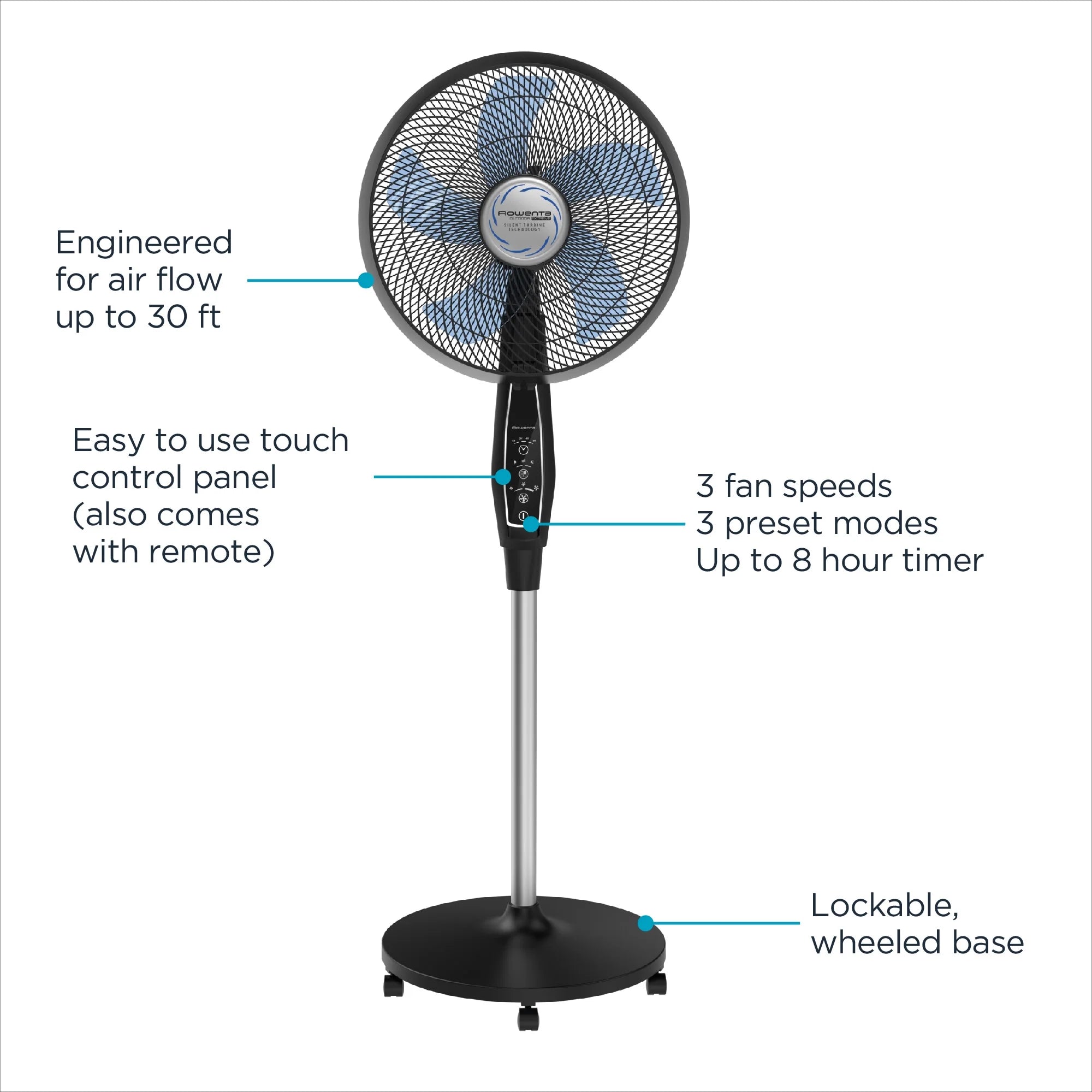 Rowenta Turbo Silence Standing Floor Fan with Remote, 53 in, Portable, 5 Speeds, VU5670