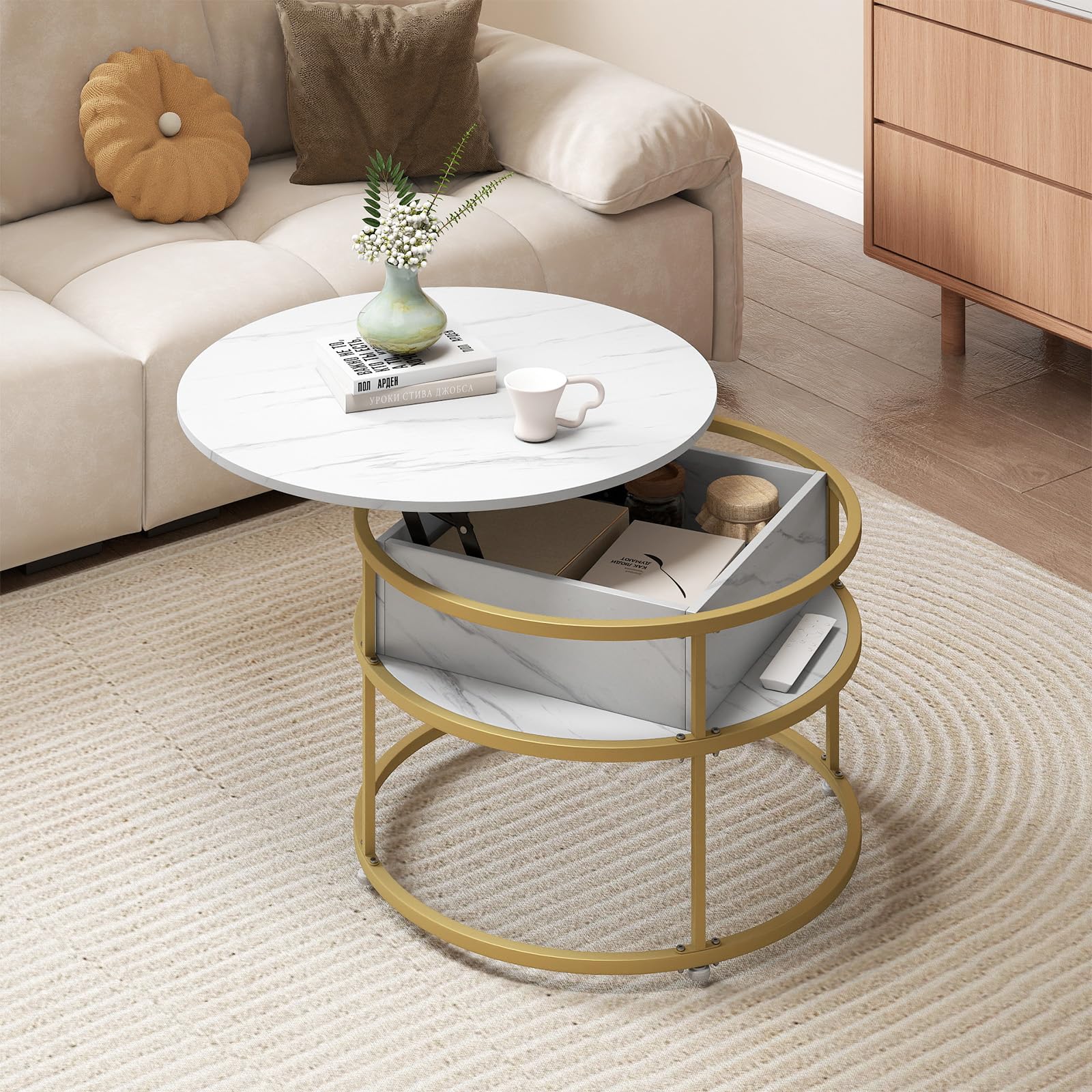 Tangkula Lift Top Coffee Table 31.5" Round Center Table with Hidden Compartment & Side Shelves