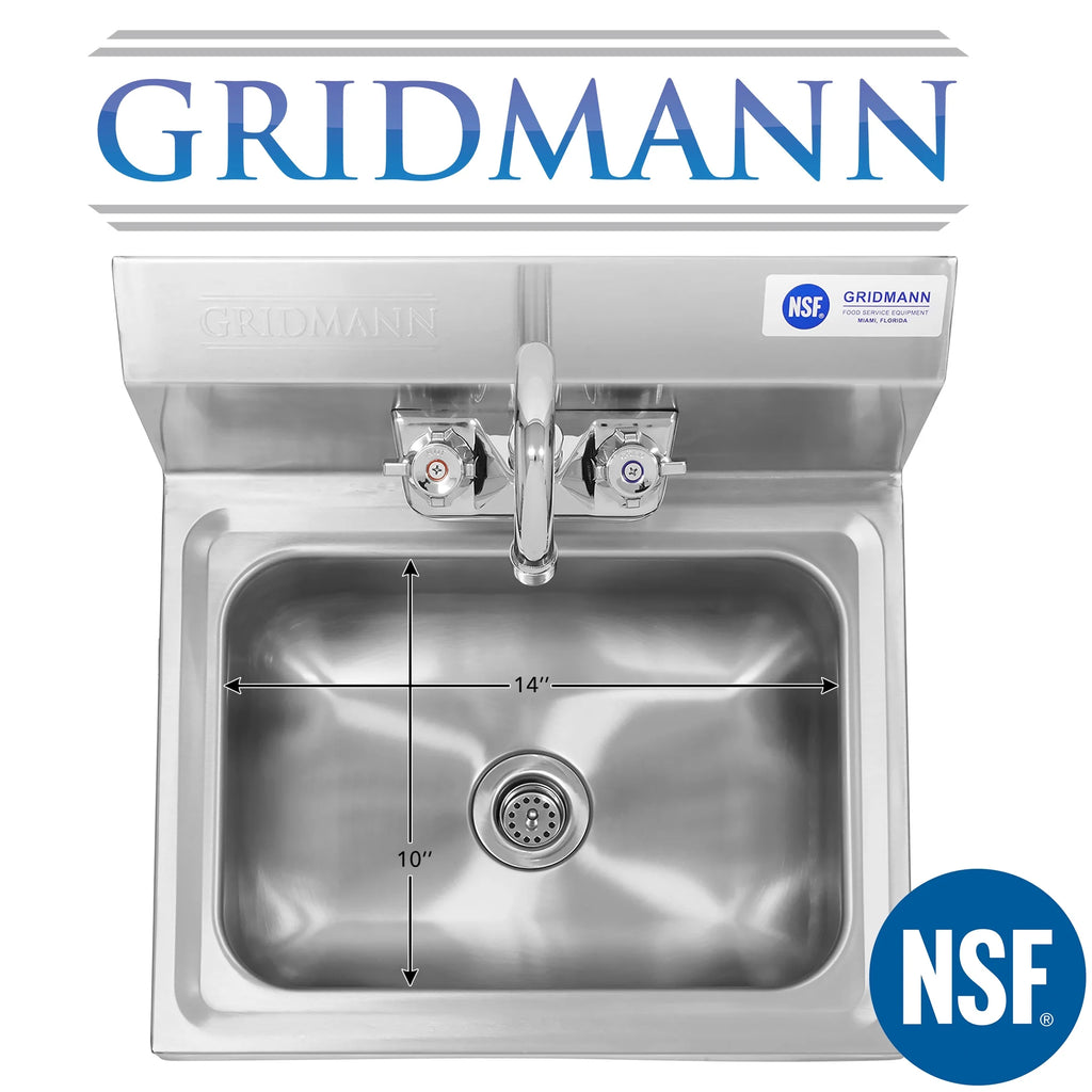 GRIDMANN Commercial NSF Stainless Steel Hand Washing Sink W/ Side Splashes & Faucet, Wall Mount