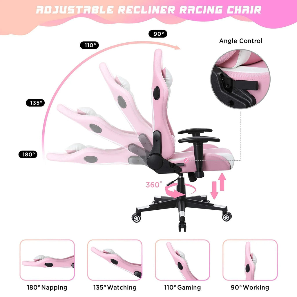 Homemiyn Gaming Chair with Speakers Video and RGB LED Lights, Pink PU Leather Ergonomic Racing Office Chair