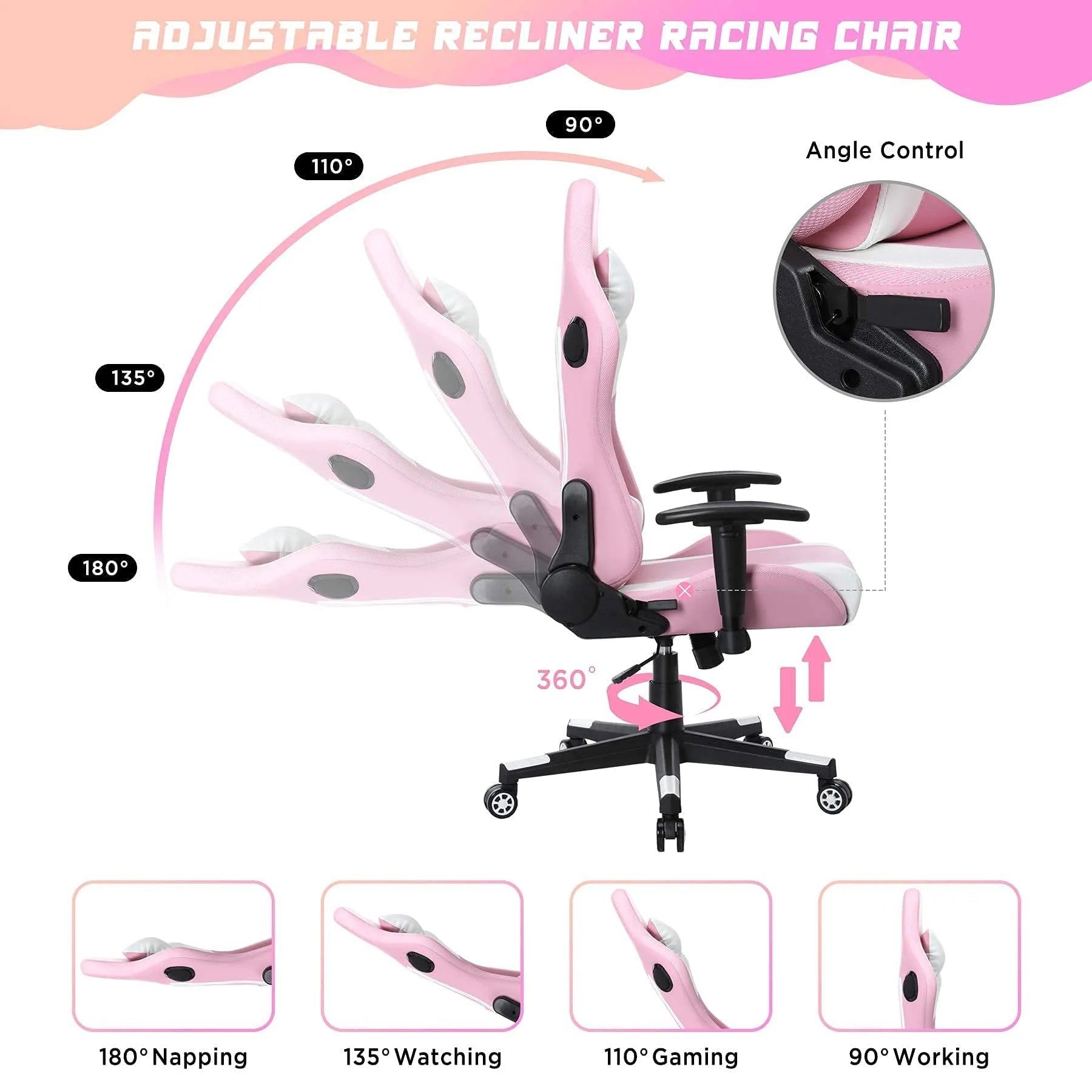 Homemiyn Gaming Chair with Speakers Video and RGB LED Lights, Pink PU Leather Ergonomic Racing Office Chair