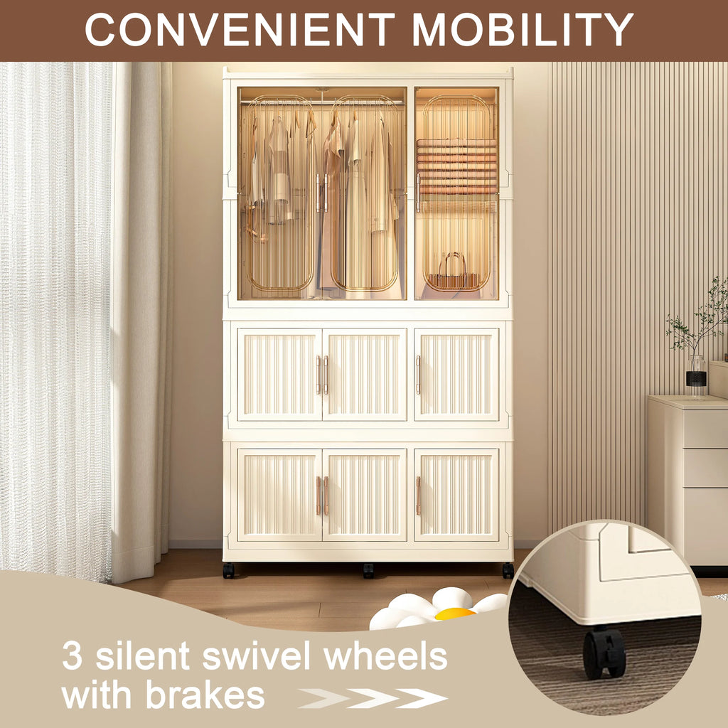 Montary Kids Portable Wardrobe W/ Magnetic Doors & Hanging Rod - 4 - Cube Plastic Storage Cabinet, Nursery/Bedroom