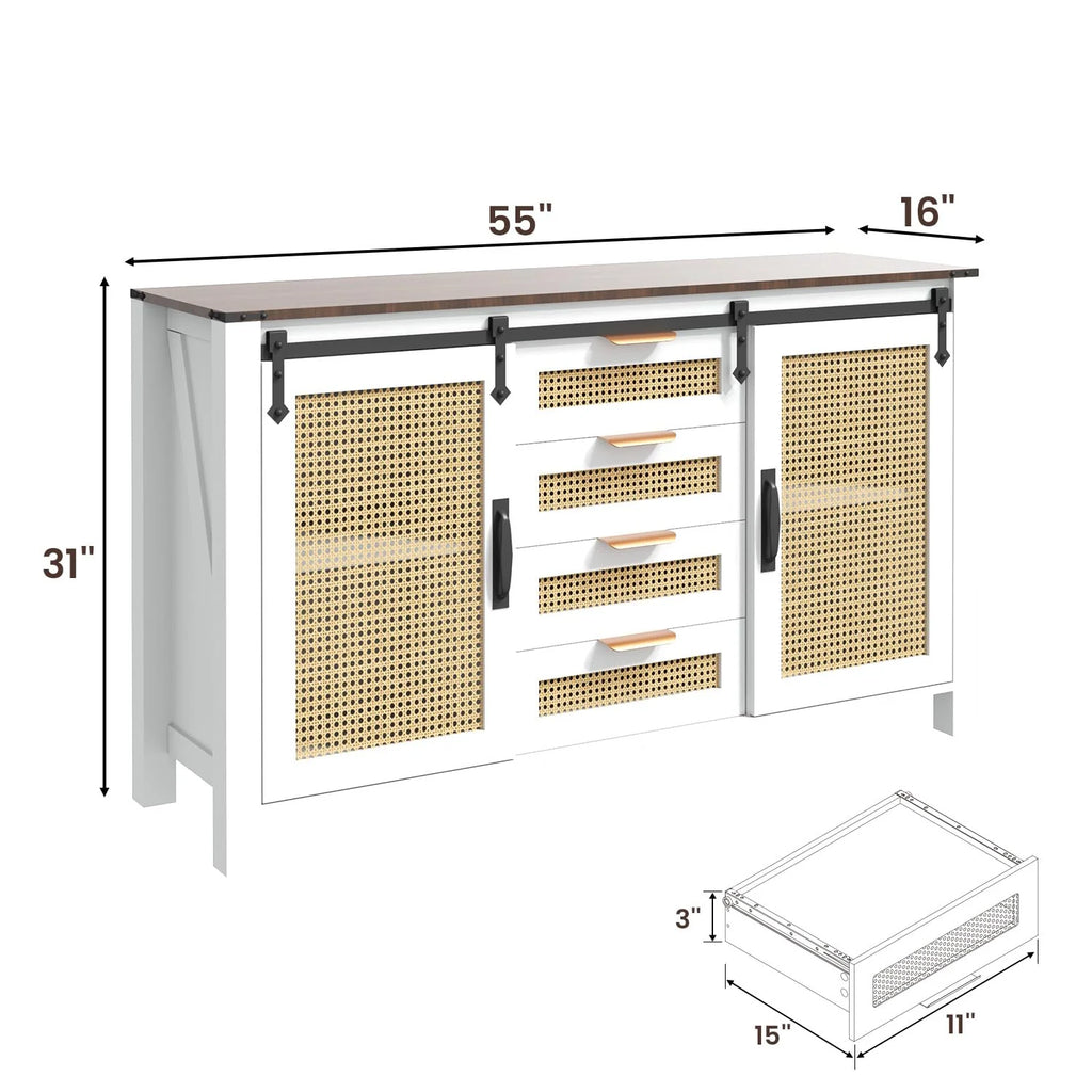 AECOJOY Farmhouse Sideboard Buffet Cabinet with Storage, Rattan Kitchen Cabinet w/Sliding Barn Doors & 4 Drawers