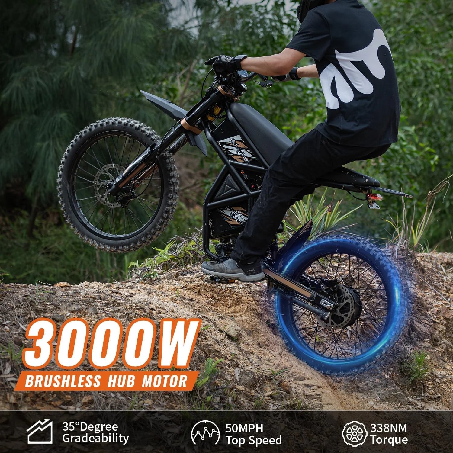 2000W Electric Dirt Bike for Adults Ridingtimes GT73 UL2849, Brushless Hub Motor, 18.2ah*2 Electric Bike with 25" Tires Digital Screen Carbon Steel, Black