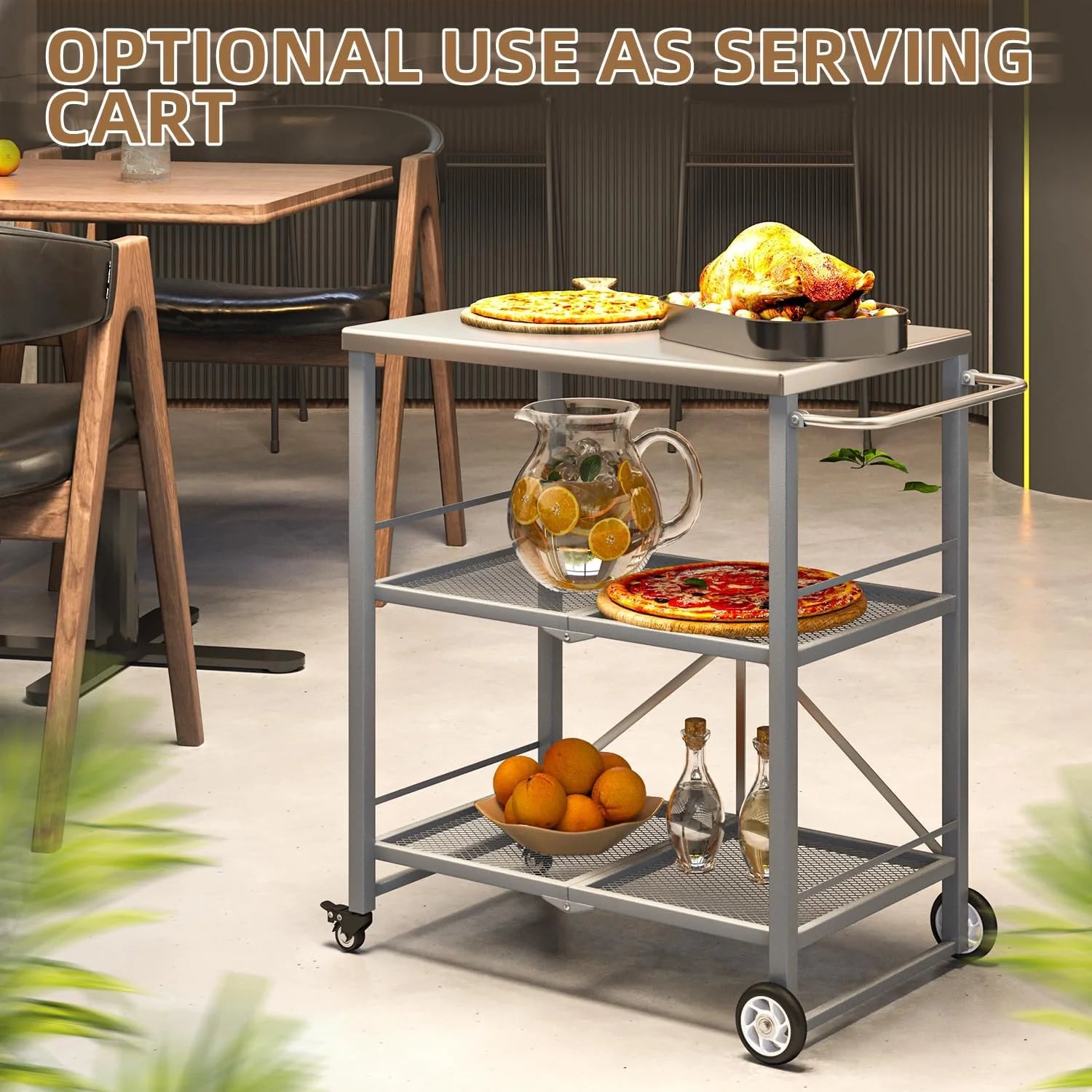 AECOJOY Outdoor Grill Cart Table, Stainless Steel Pizza Oven Stand Trolley Table with Wheels & Handle, Grey