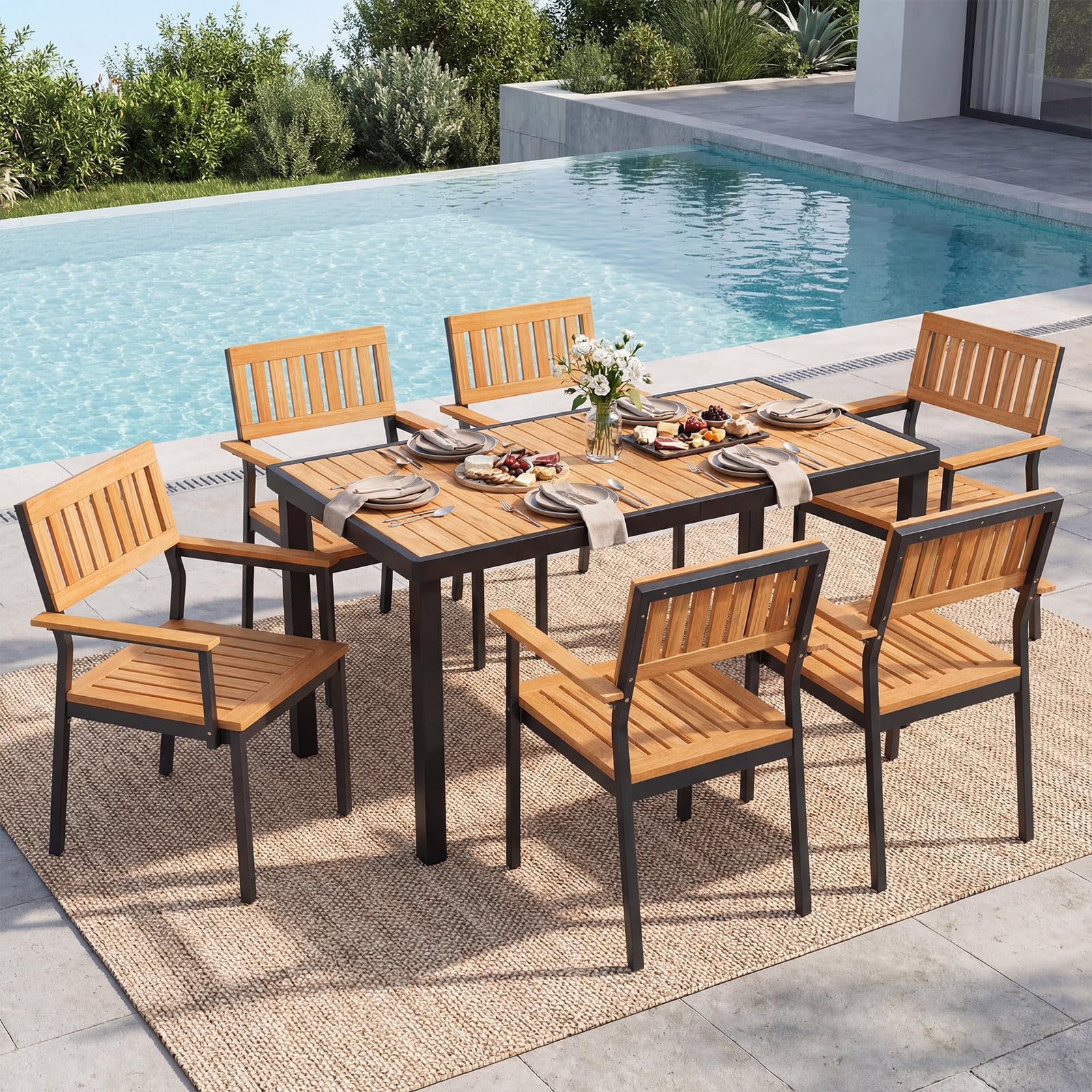 Tangkula 58" Rectangular Patio Dining Table for 6 Acacia Wood Outdoor Table