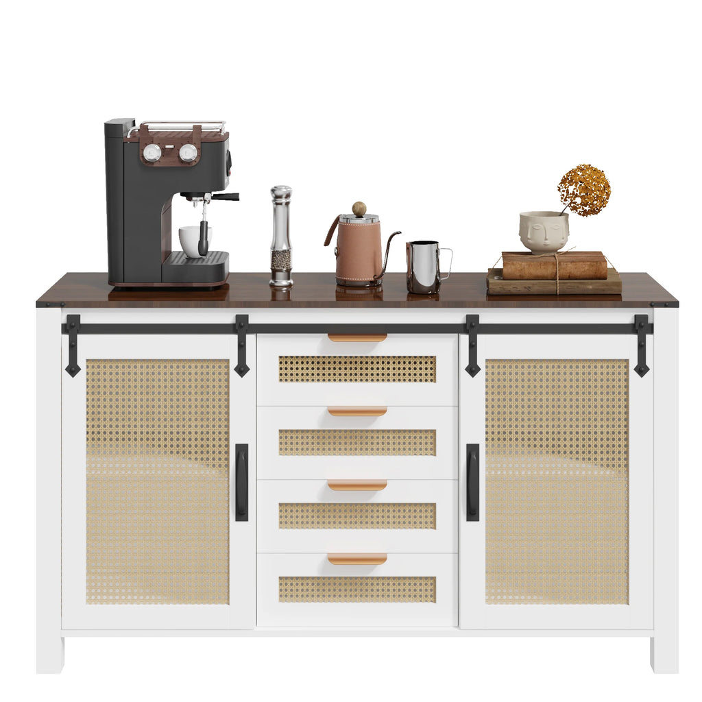 AECOJOY Farmhouse Sideboard Buffet Cabinet with Storage, Rattan Kitchen Cabinet w/Sliding Barn Doors & 4 Drawers