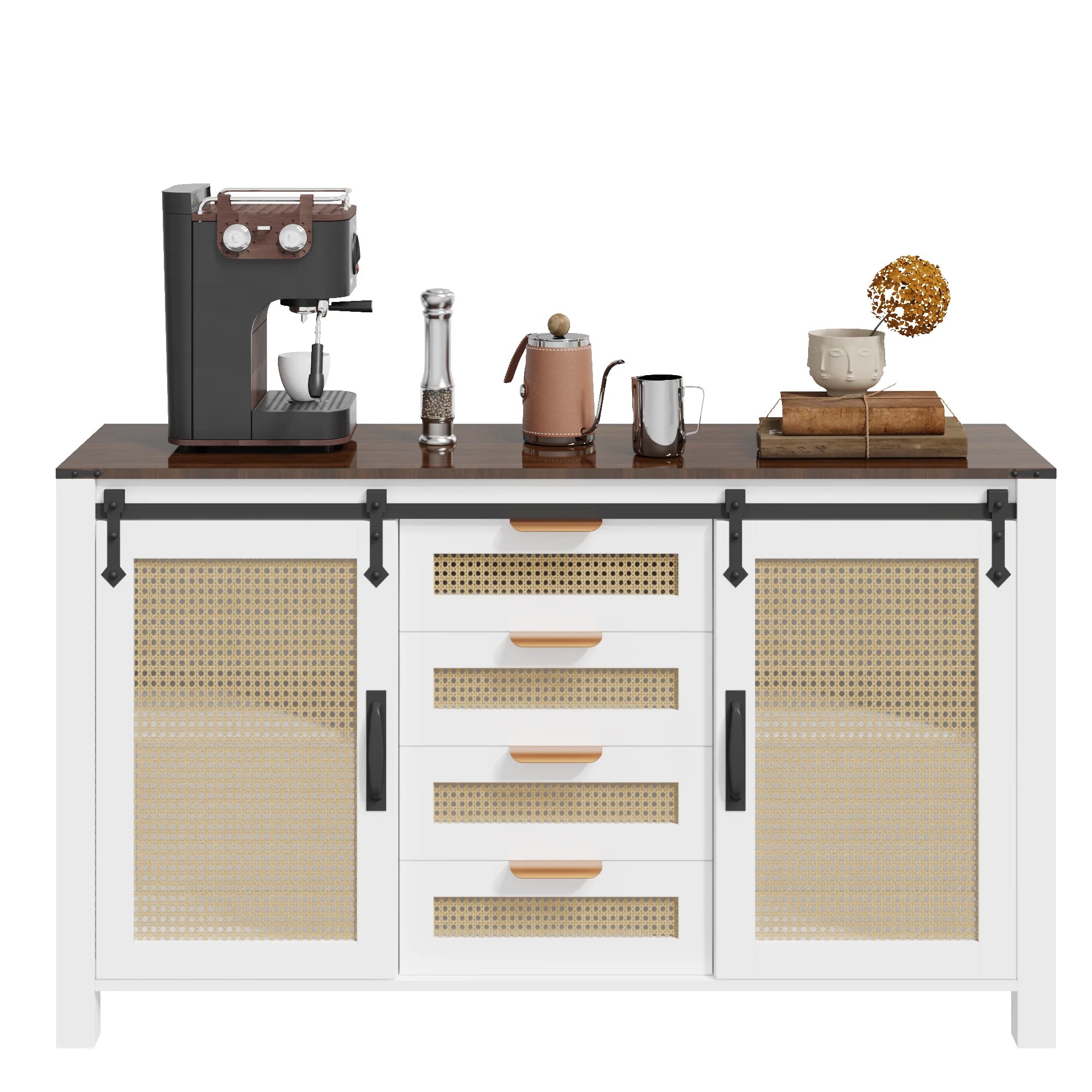 AECOJOY Farmhouse Sideboard Buffet Cabinet with Storage, Rattan Kitchen Cabinet w/Sliding Barn Doors & 4 Drawers