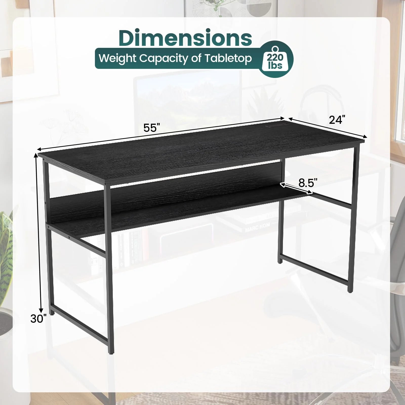 Tangkula 55 inch Computer Desk with Power Outlets & USB Ports