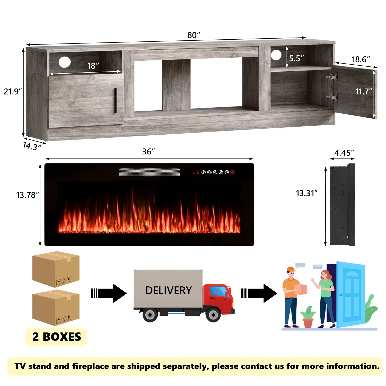 Waleaf Fireplace TV Stand with 36" Electric Fireplace up to 80" Tvs, Modern Wood Media TV Console with Highlight Cabinet, White