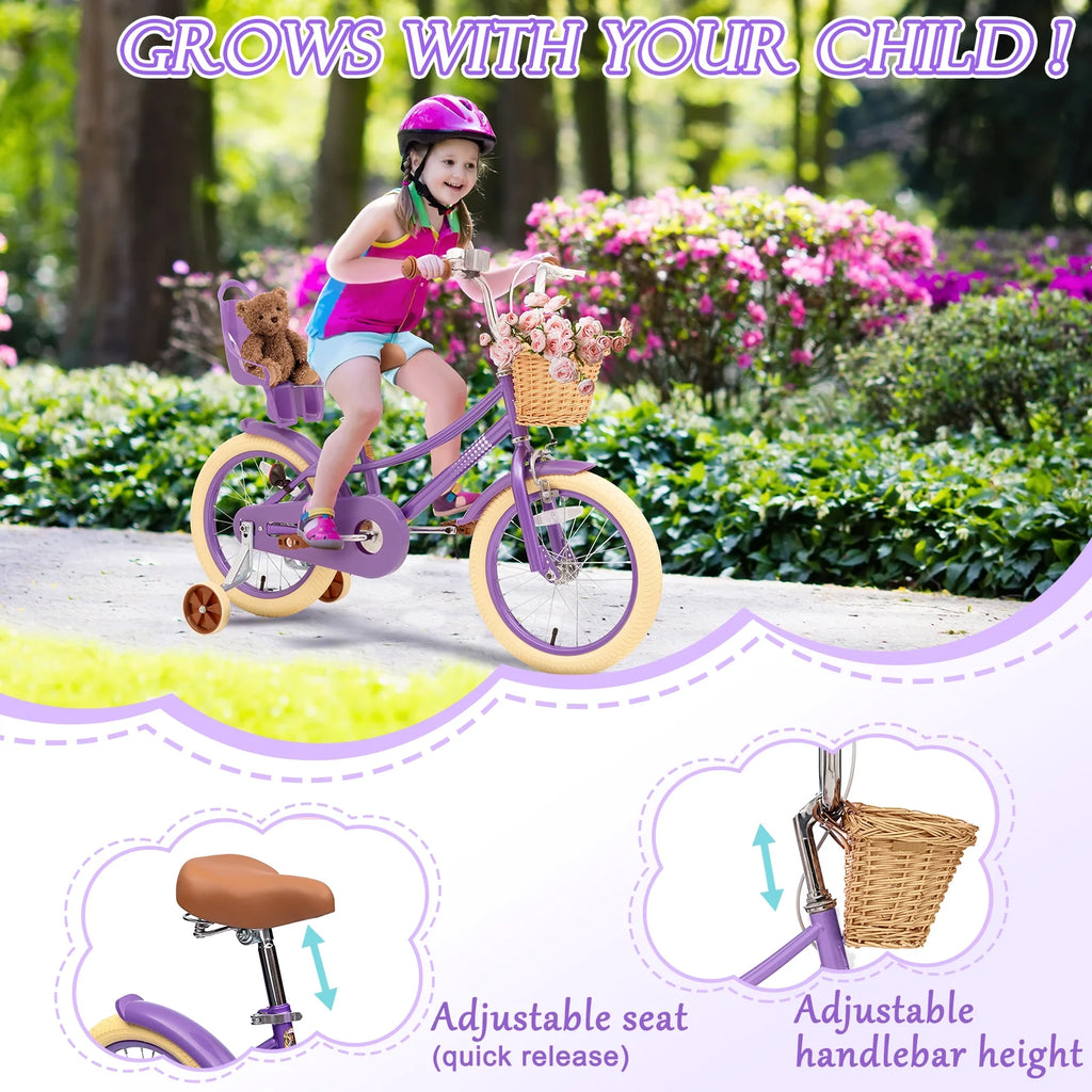XJD Girls Bike for Toddlers and Kids Ages 2 - 12 Years Old, 12 14 16 in Kids Bike with Training Wheels & Basket, 20 in Girls Bicycle with Handbrake & Kickstand