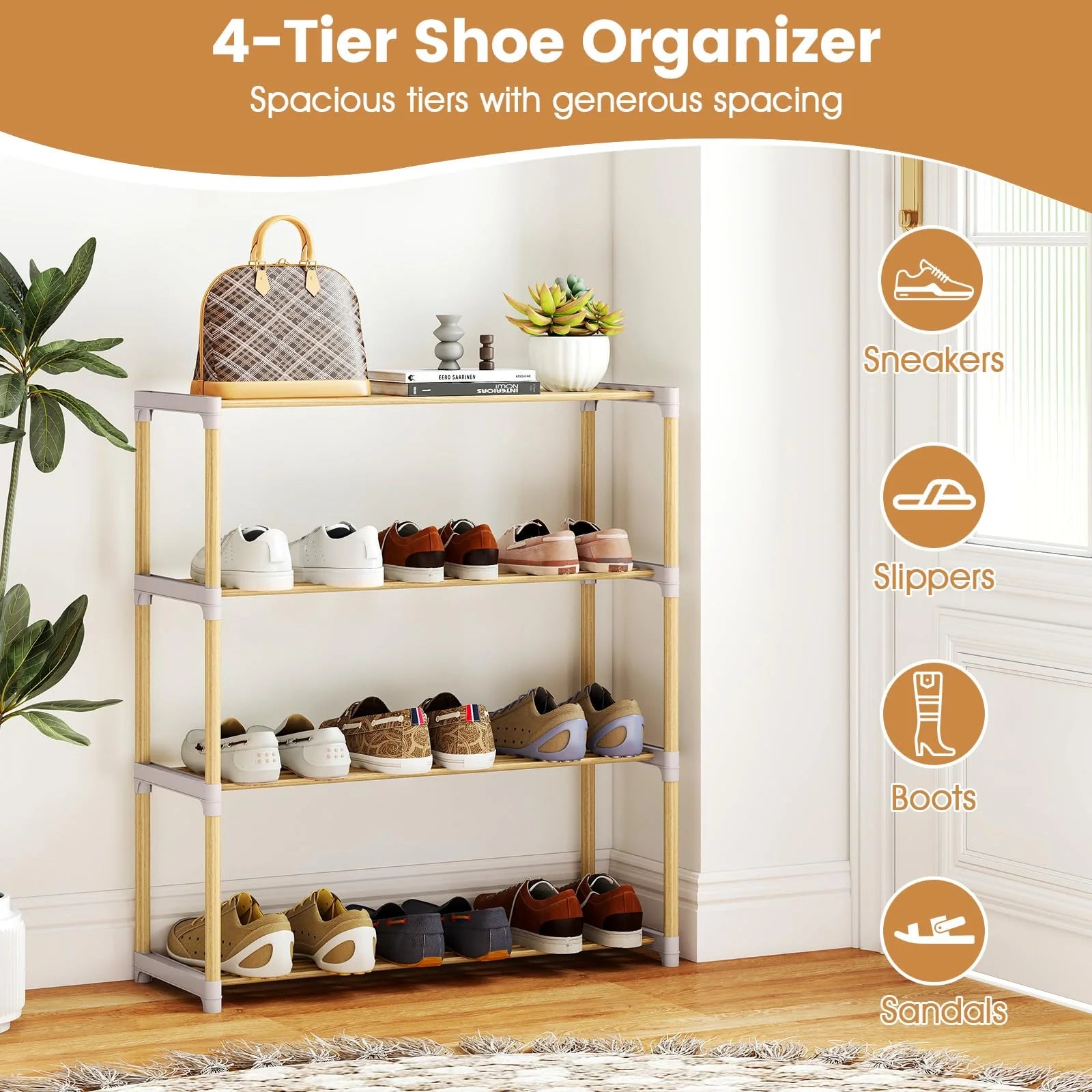 Tangkula 4-Tier Solid Wood Shoe Rack