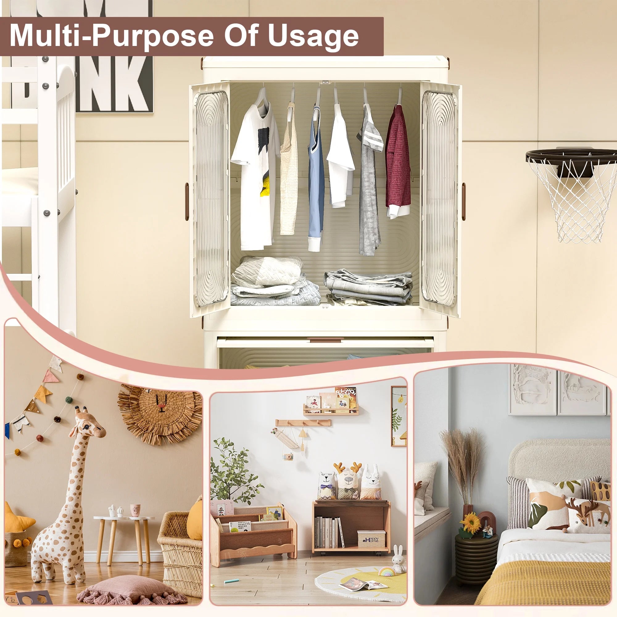 Montary Kids Portable Wardrobe W/ Magnetic Doors & Hanging Rod - 4 - Cube Plastic Storage Cabinet, Nursery/Bedroom