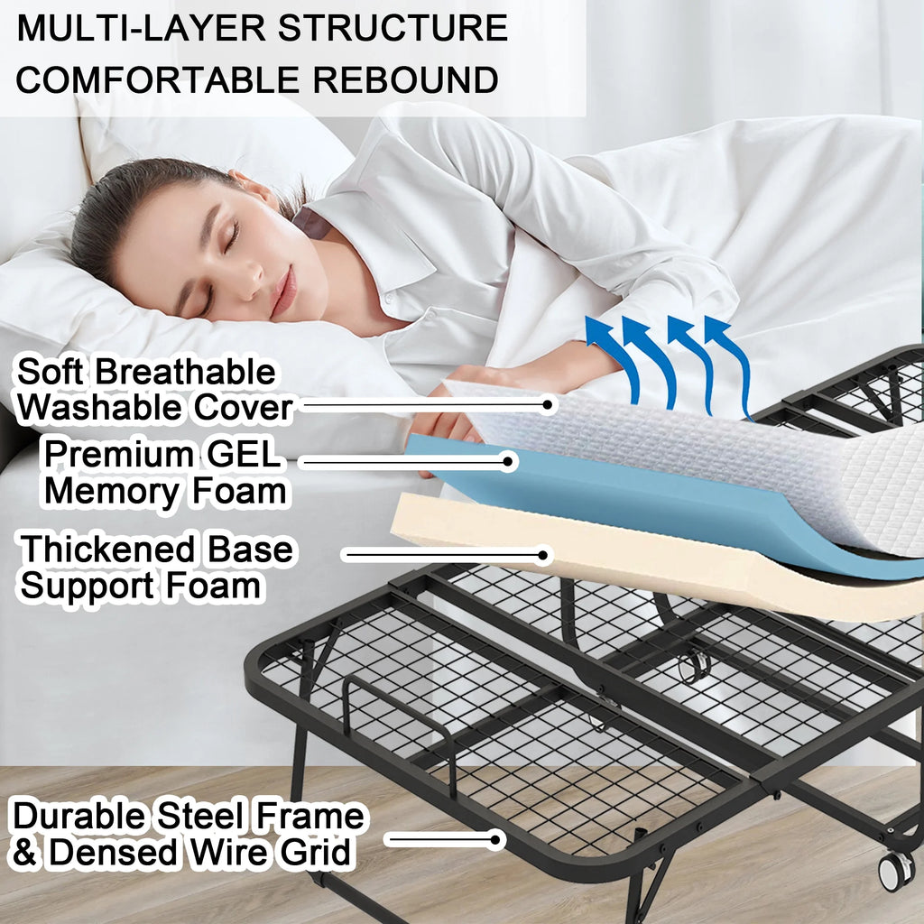 Folding Bed with Mattress 75" x 31" Cot Size Folded Bed, Rollaway Guest Bed Portable Foldable Extra Bed for Adults Daybed with 5" Memory Foam Mattress Space - Saving Sturdy Metal Grid Frame
