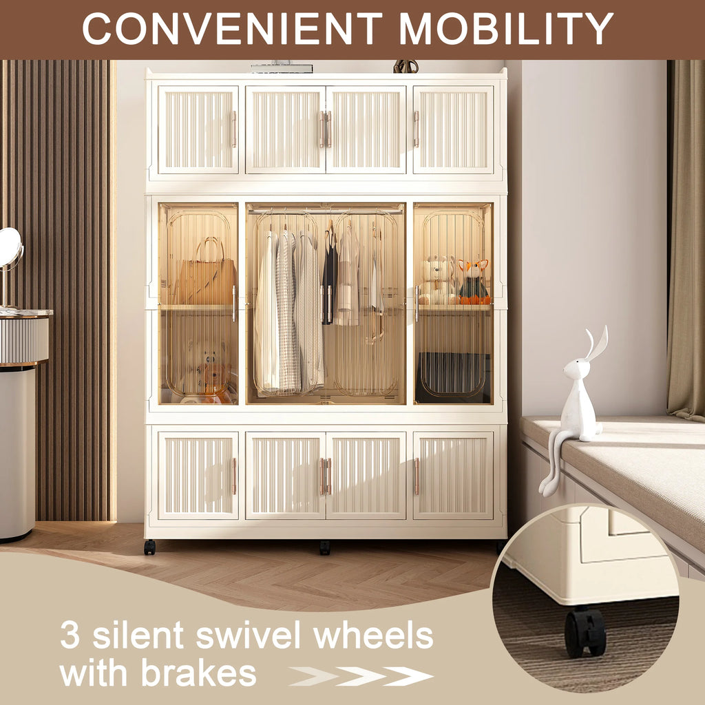 Montary Kids Portable Wardrobe W/ Magnetic Doors & Hanging Rod - 4 - Cube Plastic Storage Cabinet, Nursery/Bedroom