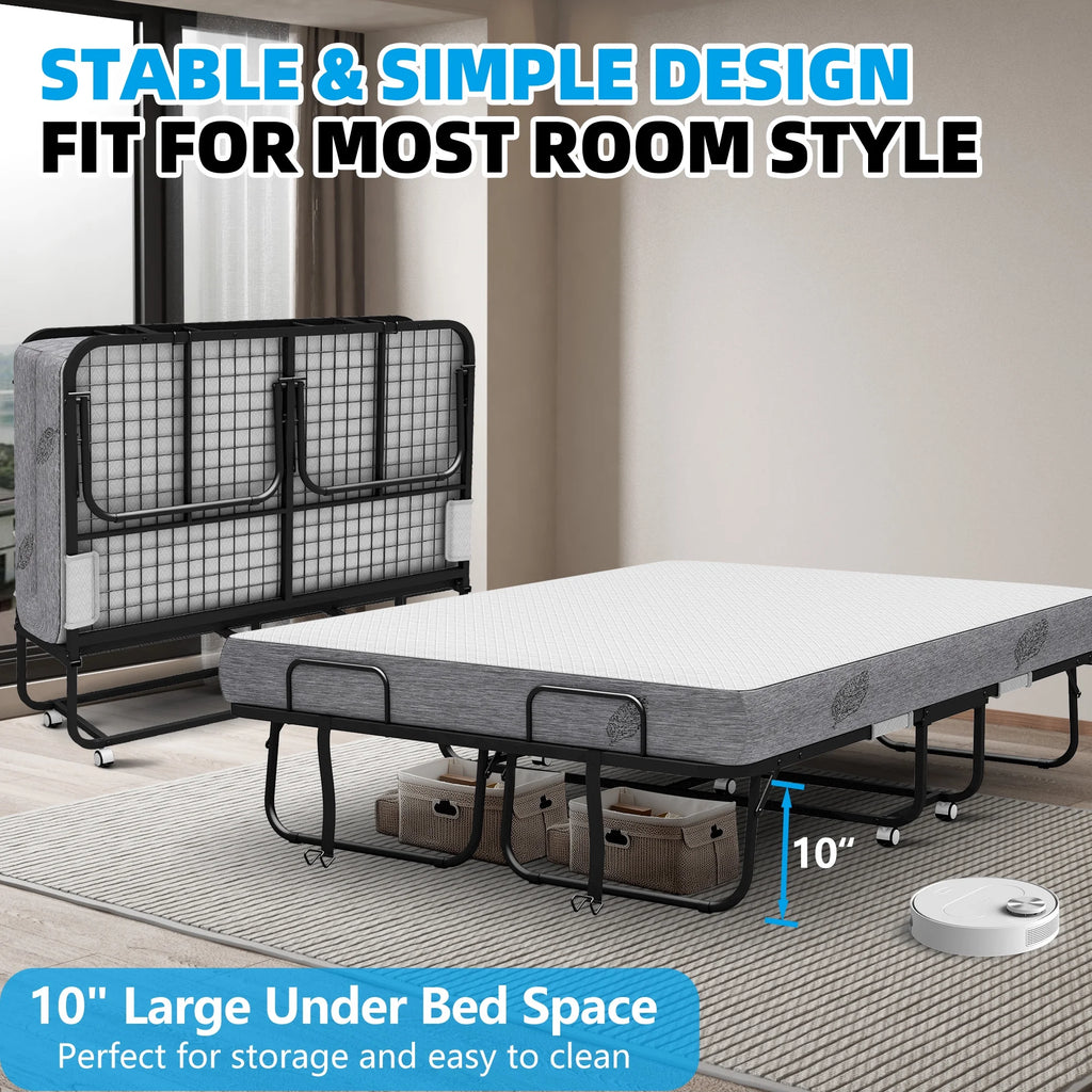 Folding Bed with Mattress 75" x 31" Cot Size Folded Bed, Rollaway Guest Bed Portable Foldable Extra Bed for Adults Daybed with 5" Memory Foam Mattress Space - Saving Sturdy Metal Grid Frame
