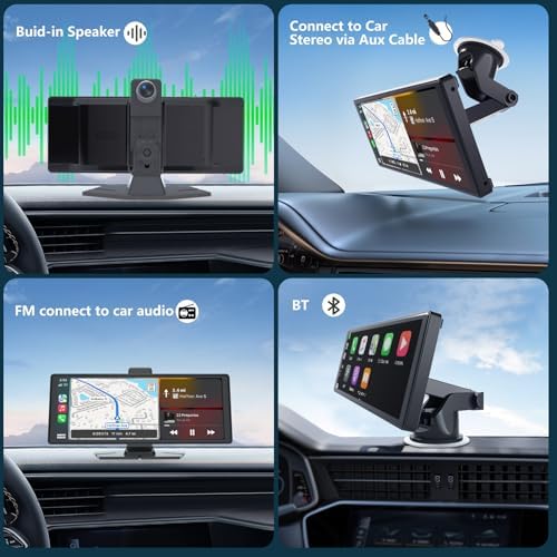 10.26" HD Carplay Screen for Car, Portable Wireless Apple Android Auto Car Play Stereo with Voice Control, 4K Dashcam, 1080P Backup Camera, Mirror Link, Bluetooth GPS，Car Audio Receivers