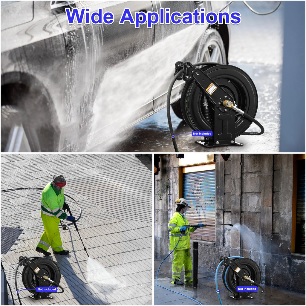 Auto - Retractable Pressure Washer Hose Reel, 50FT x 3/8" Heavy Duty Steel Power Washer Hose Reel Dual Arm, 4000 PSI