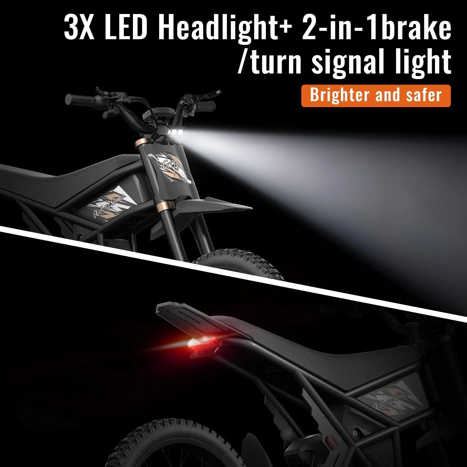 2000W Electric Dirt Bike for Adults Ridingtimes GT73 UL2849, Brushless Hub Motor, 18.2ah*2 Electric Bike with 25" Tires Digital Screen Carbon Steel, Black