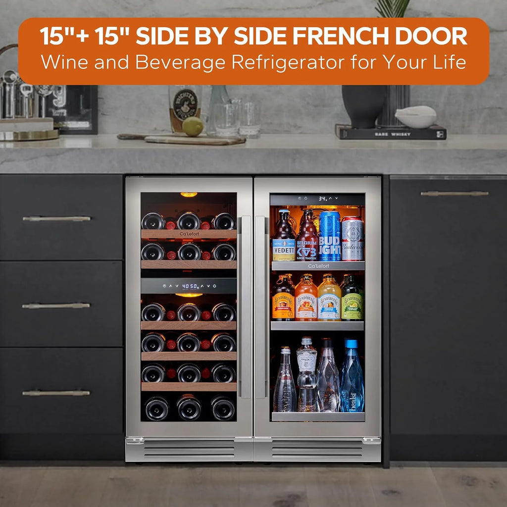 Ca'Lefort 30" Wine and Beverage Refrigerator, 28 Bottles Dual Zone Wine Fridge and 100 Cans Beverage Fridge Cooler with Stainless Steel Door Framed