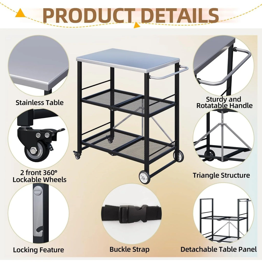 AECOJOY Outdoor Grill Cart Table, Stainless Steel Pizza Oven Stand Trolley Table with Wheels & Handle, Silver