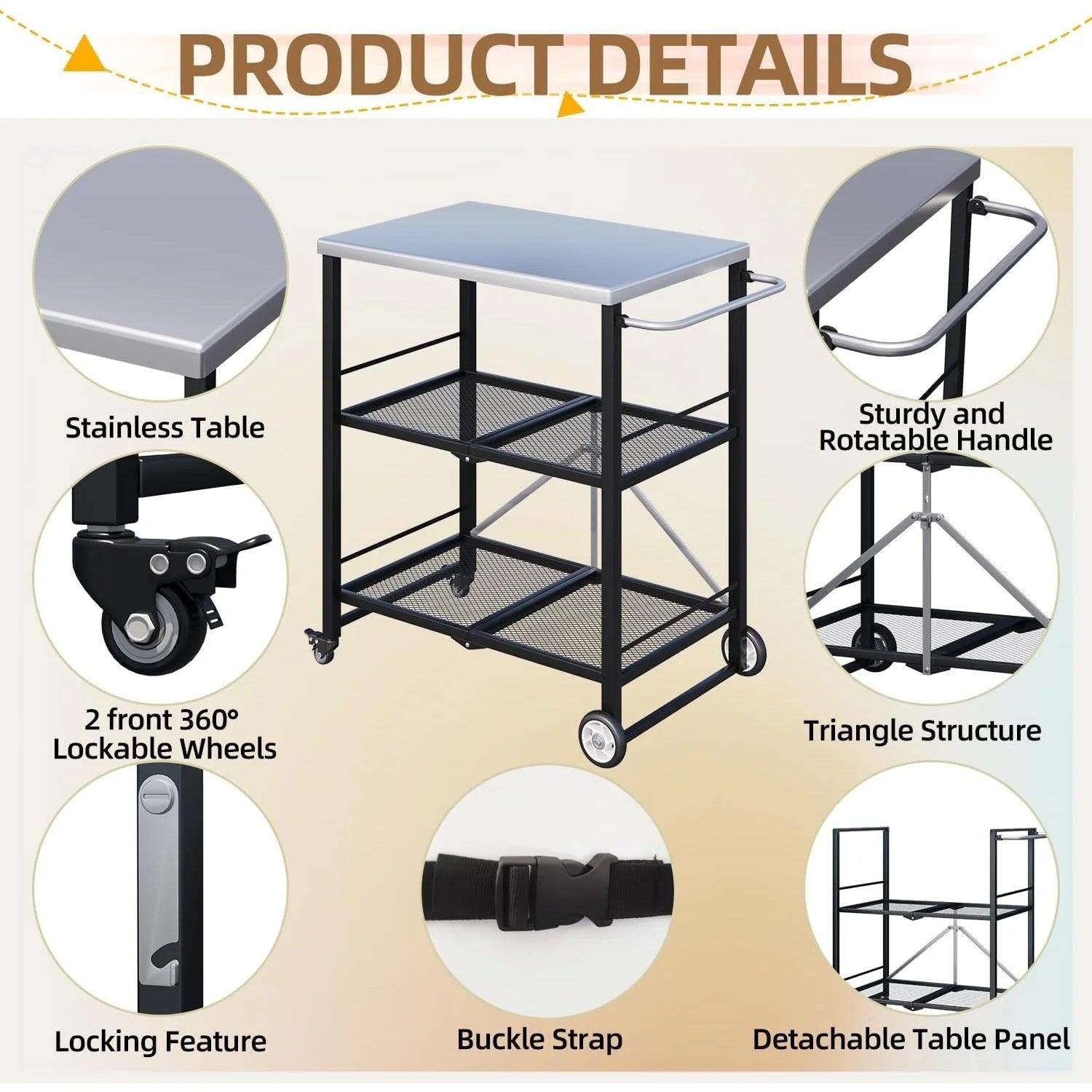 AECOJOY Outdoor Grill Cart Table, Stainless Steel Pizza Oven Stand Trolley Table with Wheels & Handle, Silver