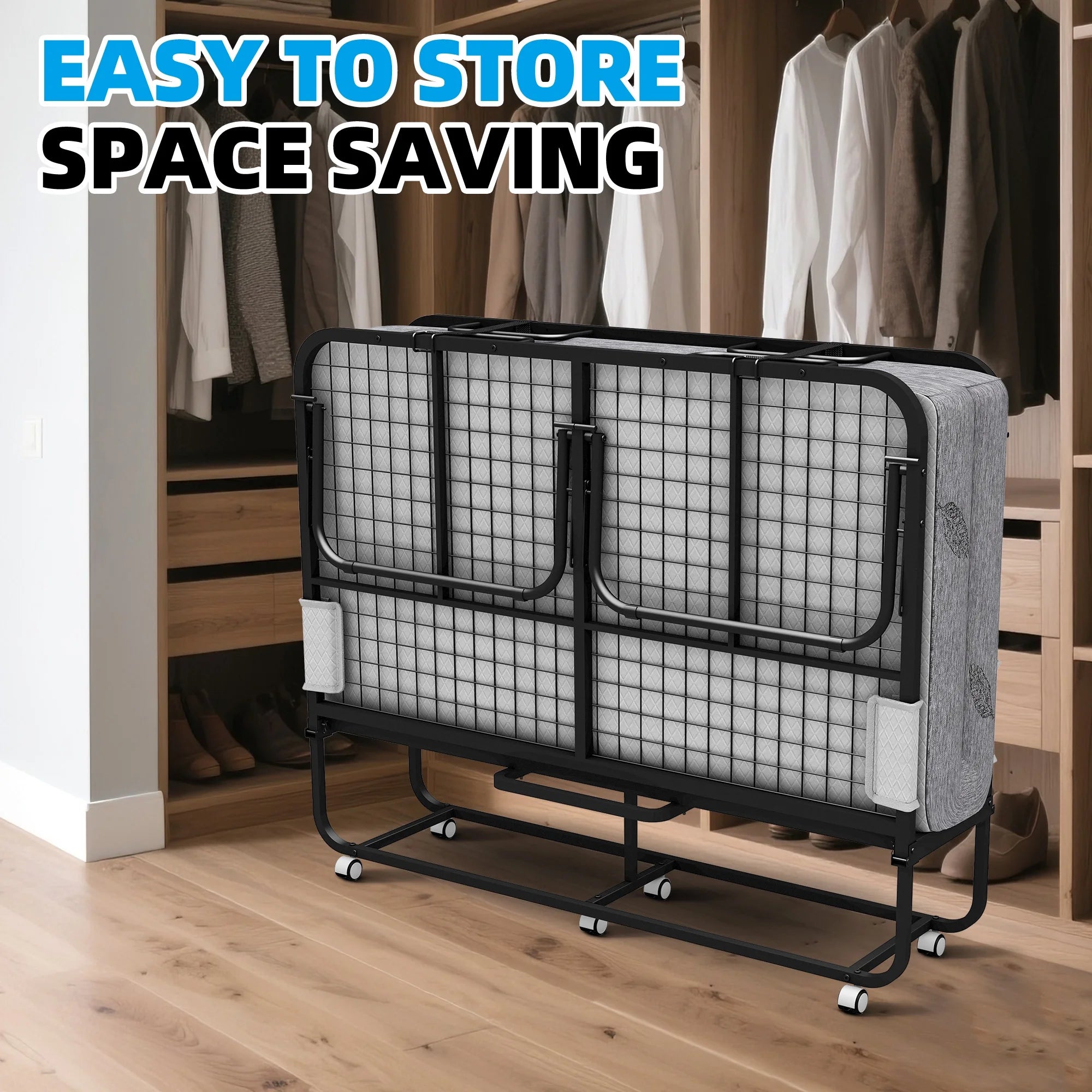 Folding Bed with Mattress 75" x 31" Cot Size Folded Bed, Rollaway Guest Bed Portable Foldable Extra Bed for Adults Daybed with 5" Memory Foam Mattress Space - Saving Sturdy Metal Grid Frame