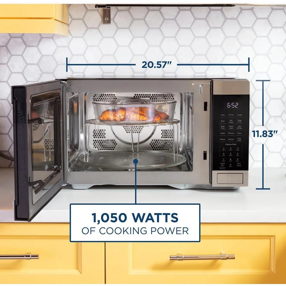 Open Box GE 3 - in - 1 Microwave Oven, 1, 050 Watts Air Fryer, Broiler and Convection Mode, Child - Lock Technology, Kitchen Essentials for the Countertop or Dorm Room, 1.0 Cu. Ft., Stainless Steel