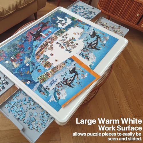1500 Pieces Rotating Plastic Puzzle Board with Drawers and Cover, 35"x27" Portable Jigsaw Puzzle Table for Adults, Lazy Susan Spinning Puzzle Boards, Ideal Gift for Mum